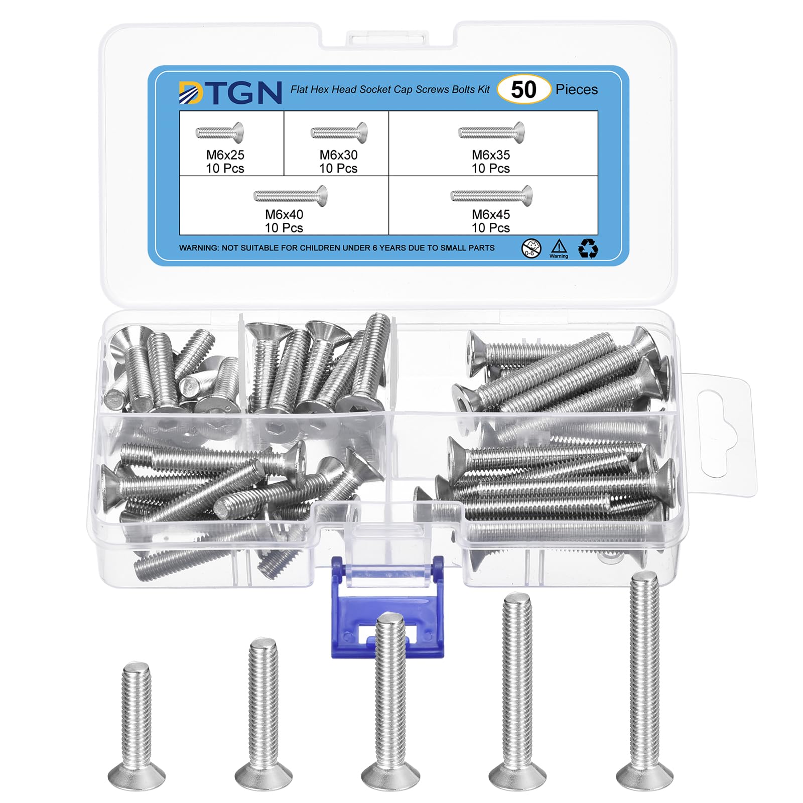 DTGN 50Pcs M6 x 25mm /30mm /35mm /40mm/ 45mm Flat Head Hex Socket Cap Screws Bolts Kit, 304 Stainless Steel, Full Thread, Countersunk Bolts