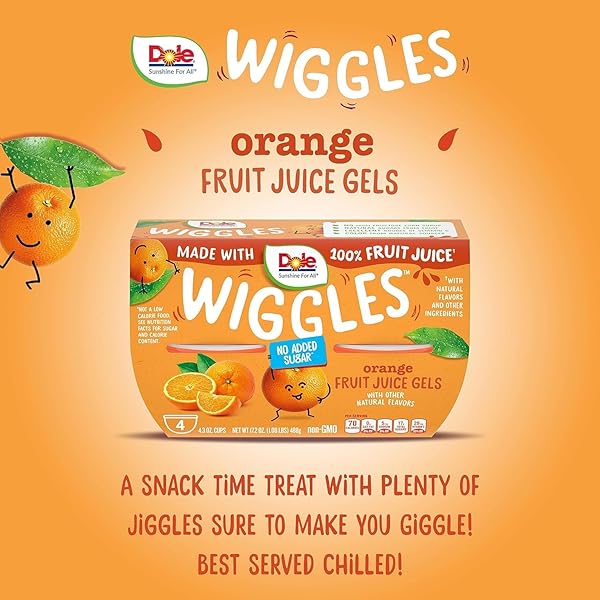 DOLE WIGGLES NO SUGAR ADDED ORANGE FRUIT JUICE GELS SNACKS, 4.3OZ 4 TOTAL CUPS, GLUTEN & DAIRY FREE, BULK LUNCH SNACKS FOR KIDS & ADULTS