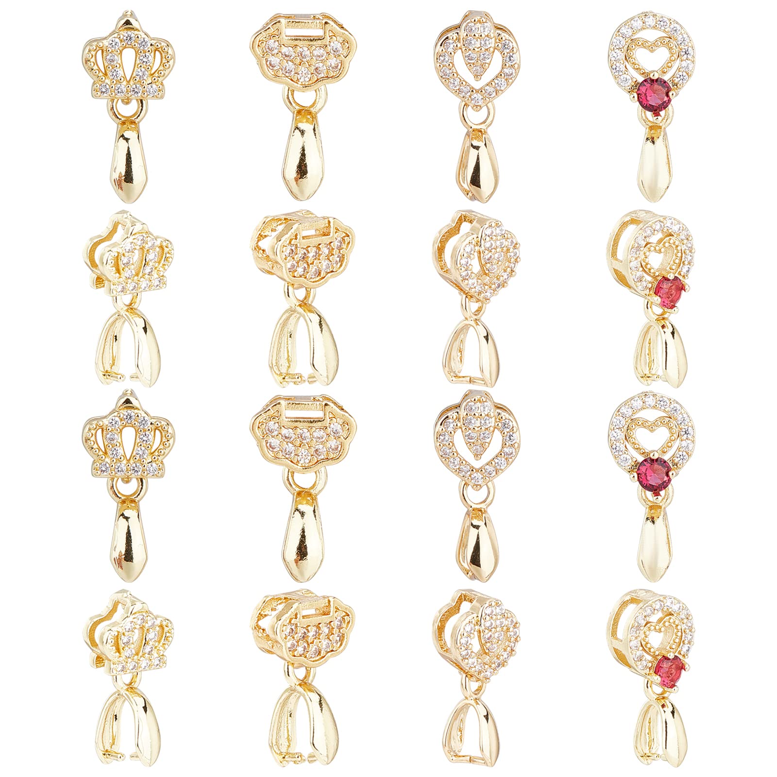 SUPERFINDINGS 16Pcs 4 Style Brass Micro Pave Cubic Zirconia Pendant Pinch Bails Gold Ice Pick Pinch Bails Long-Lasting Plated Bail for Jewelry Making