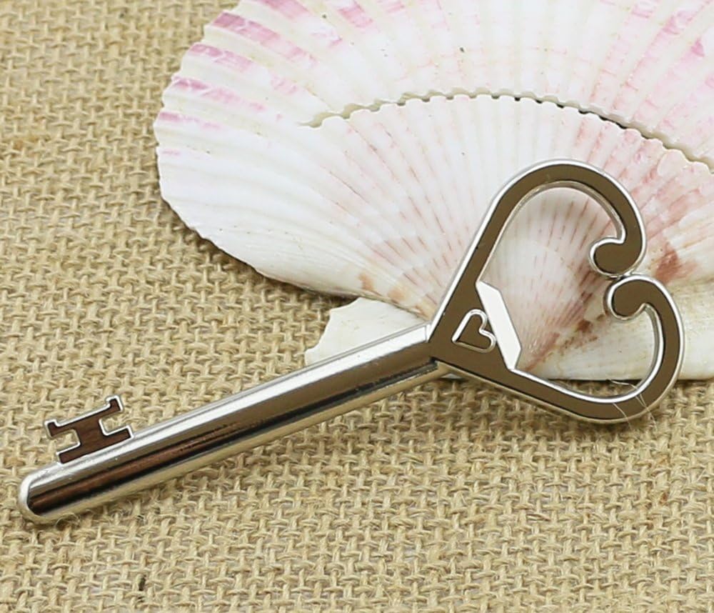 40pcs Large Skeleton Key Shaped Bottle Openers with Heart Silver Wedding Favors Shiny Decoration Christmas Table Setting