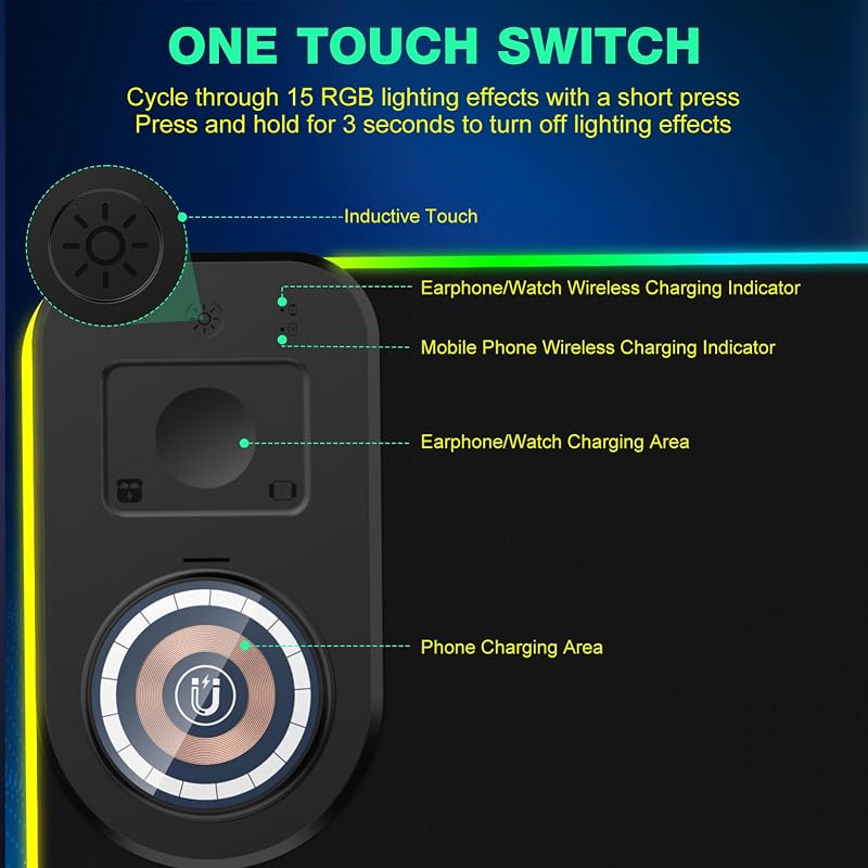 Tapete de rato gaming RGB de 15 W, Qi, LED, 800 x 350 x 4 mm, 10 modos de iluminação com carregamento rápido de 10 W, carregamento sem fios Qi para telemóvel I-Phone 13/13 Pro, auscultadores