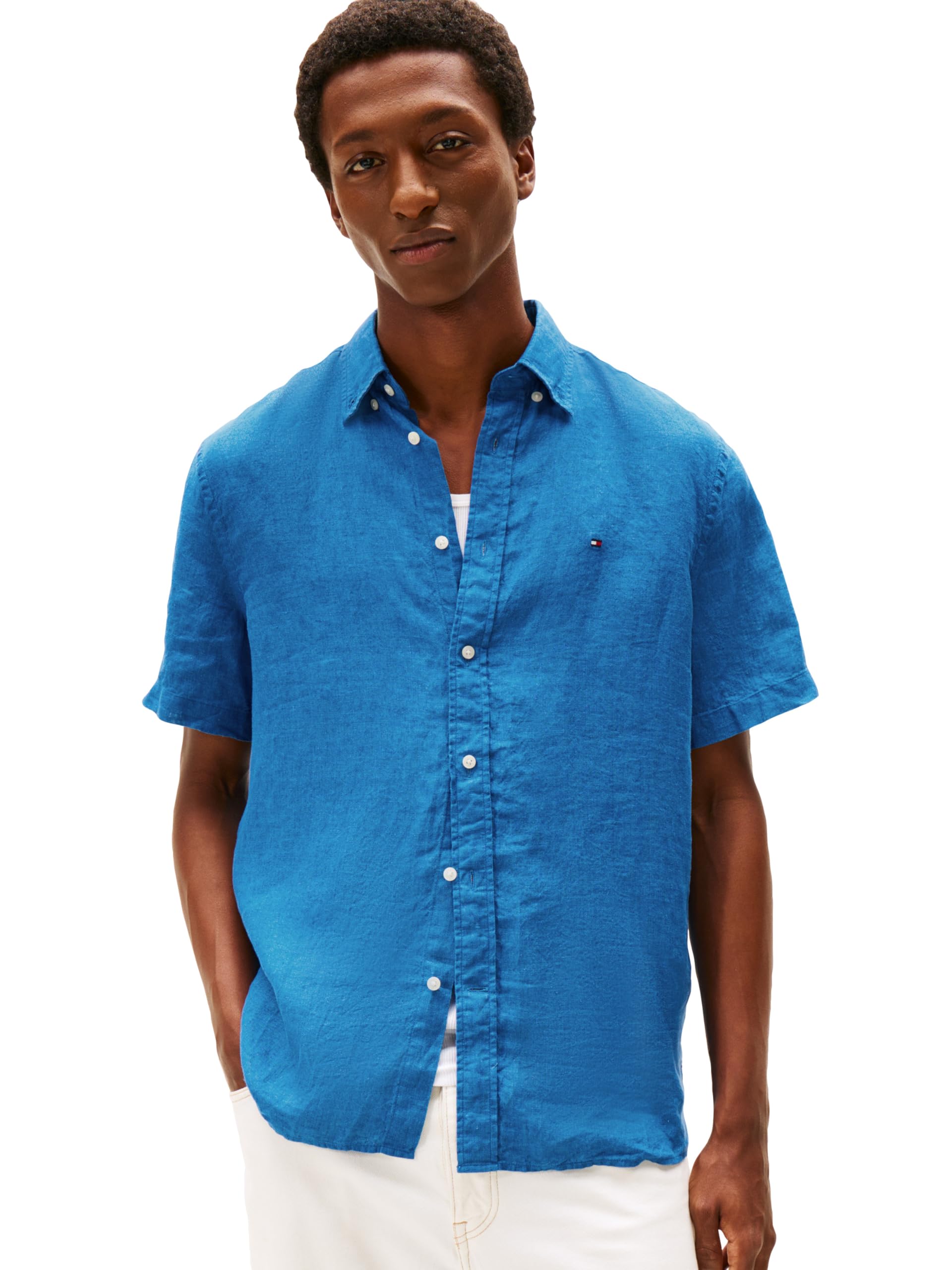 Tommy Hilfiger Men’s Pigment Dyed Linen Regular Short Sleeve Shirts, Blue Orbit X-Small
