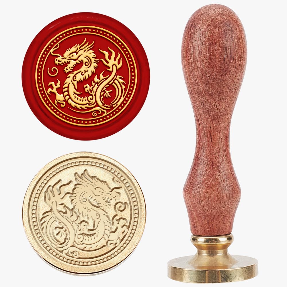 MAYJOYDIY Chinese Dragon Wax Seal Stamp 25mm Animal Sealing Wax Stamps Retro Removable Brass Head with Wood Handle for Wine Packages Gift Idea Party Invitations