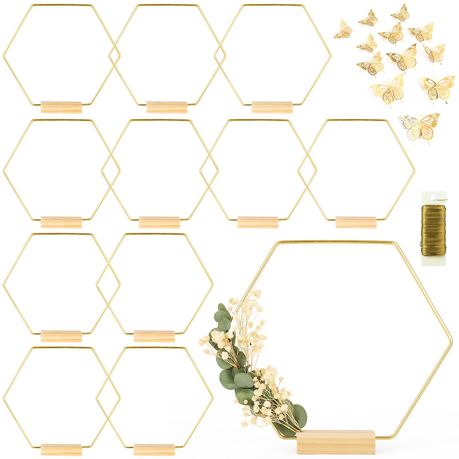 Photo 1 of 12 Pack Hexagonal Floral Hoops with Stand 8 Inch Metal Rings for DIY Centerpiece Table Decorations Crafts Macrame Ring Hoop Dream Catcher Rings Wedding Birthday Wreath Craft Hoops with Holder, Gold