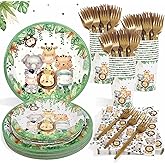 Safari Jungle Baby Shower Plates Set Decorations Boy Birthday Party Supplies Serves 25,Sage Green Plates Napkins Cups and Forks Animals Theme Disposable Tableware Set