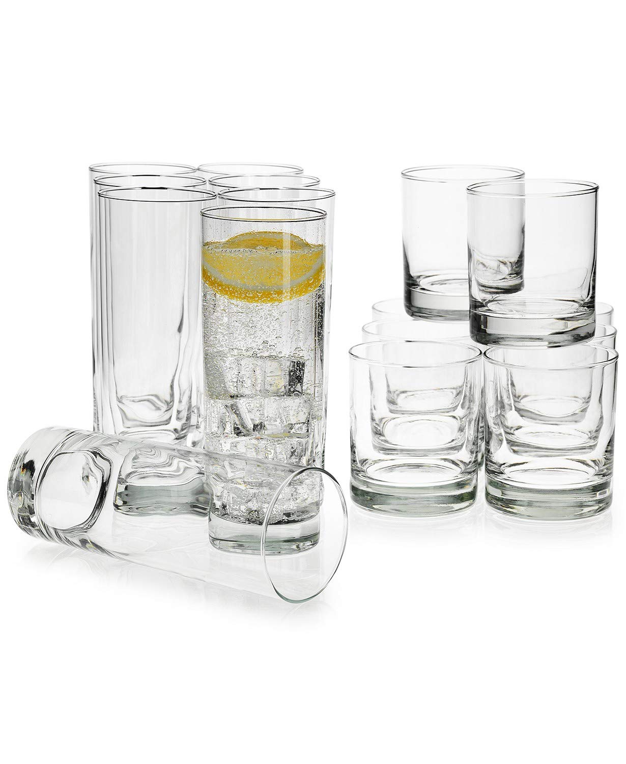 Elegant Drinking Glasses Set Of 16, Heavy Base Durable Glass Cups - 8 Cooler Glasses (16oz) And ...