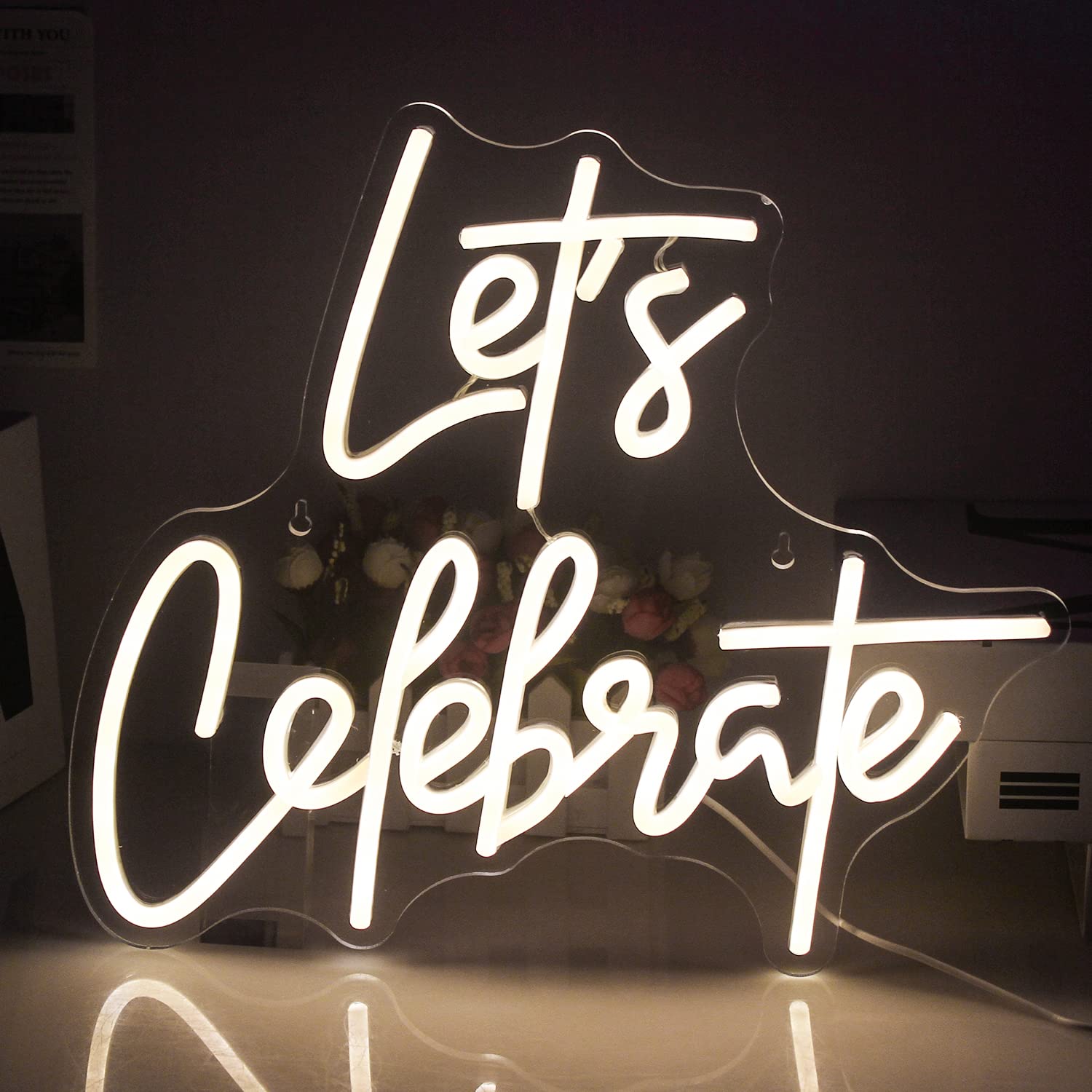 SIGNSHIP Let’s Celebrate Neon Light Warm White Letter Neon Sign Celebrate LED Sign for Wall Decoration USB Light Signs for Home Bedroom Birthday Wedding Party Christmas, Valentine’s Day Gift
