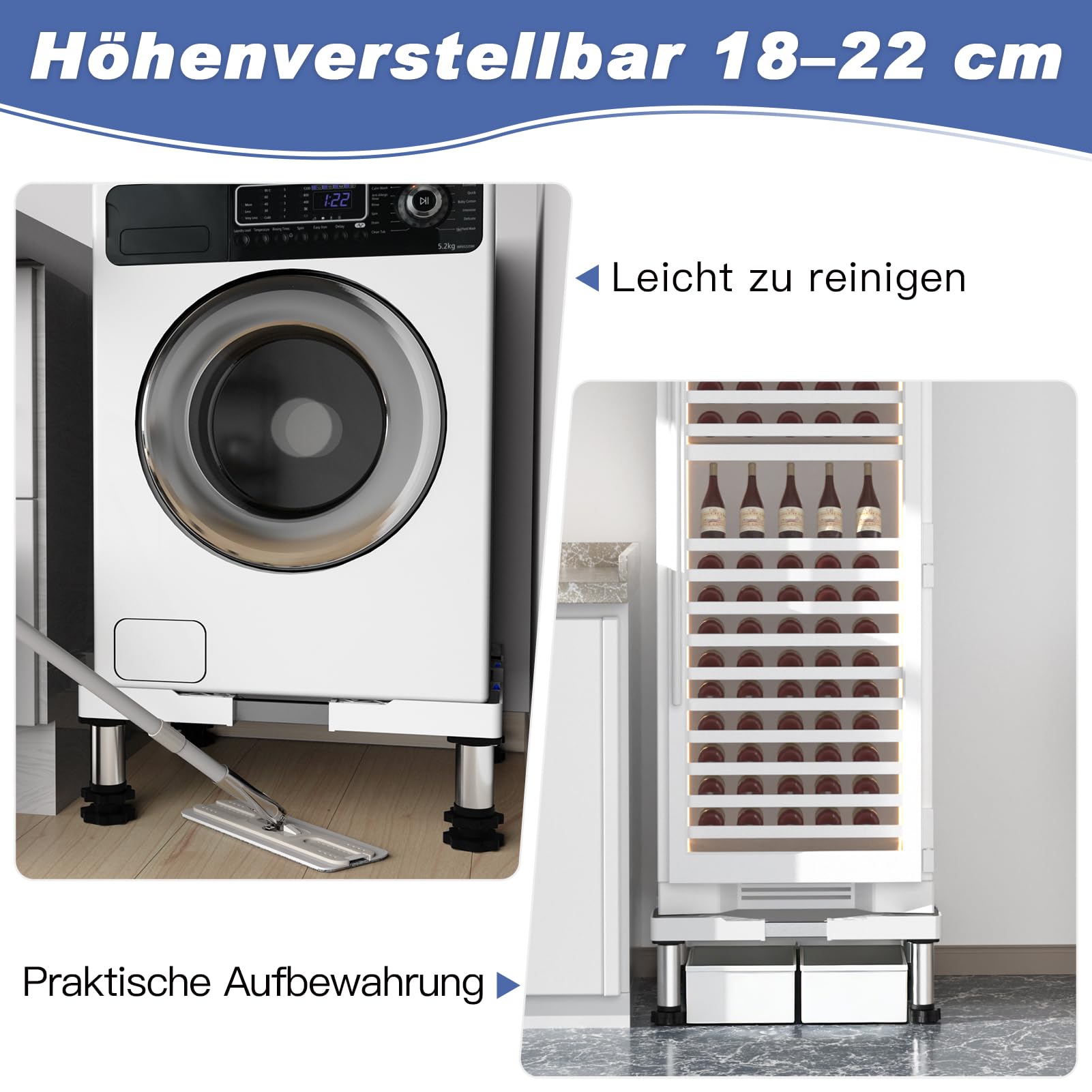 DEWEL Waschmaschine Untergestell Verstellbare Bärenlast 300KG,Waschmaschine Sockel für Trockner Kühlschrank,Gefrierschrank,Waschmaschinen Podest Breite 45-65cm,Höhe 18–22cm,Weiß 3