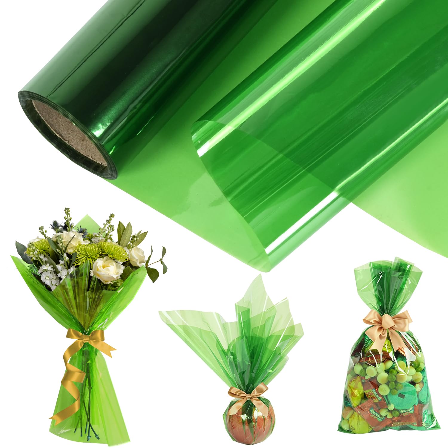 Cellophane Wrap Roll, Width 40cm x 30m Long 3.5 Mil Thick Transparent Red Flower, Gifts, Baskets, Treats, Cellophane Wrapping Paper, Colorful Cello Craft Christmas Holiday Decoration (Green)