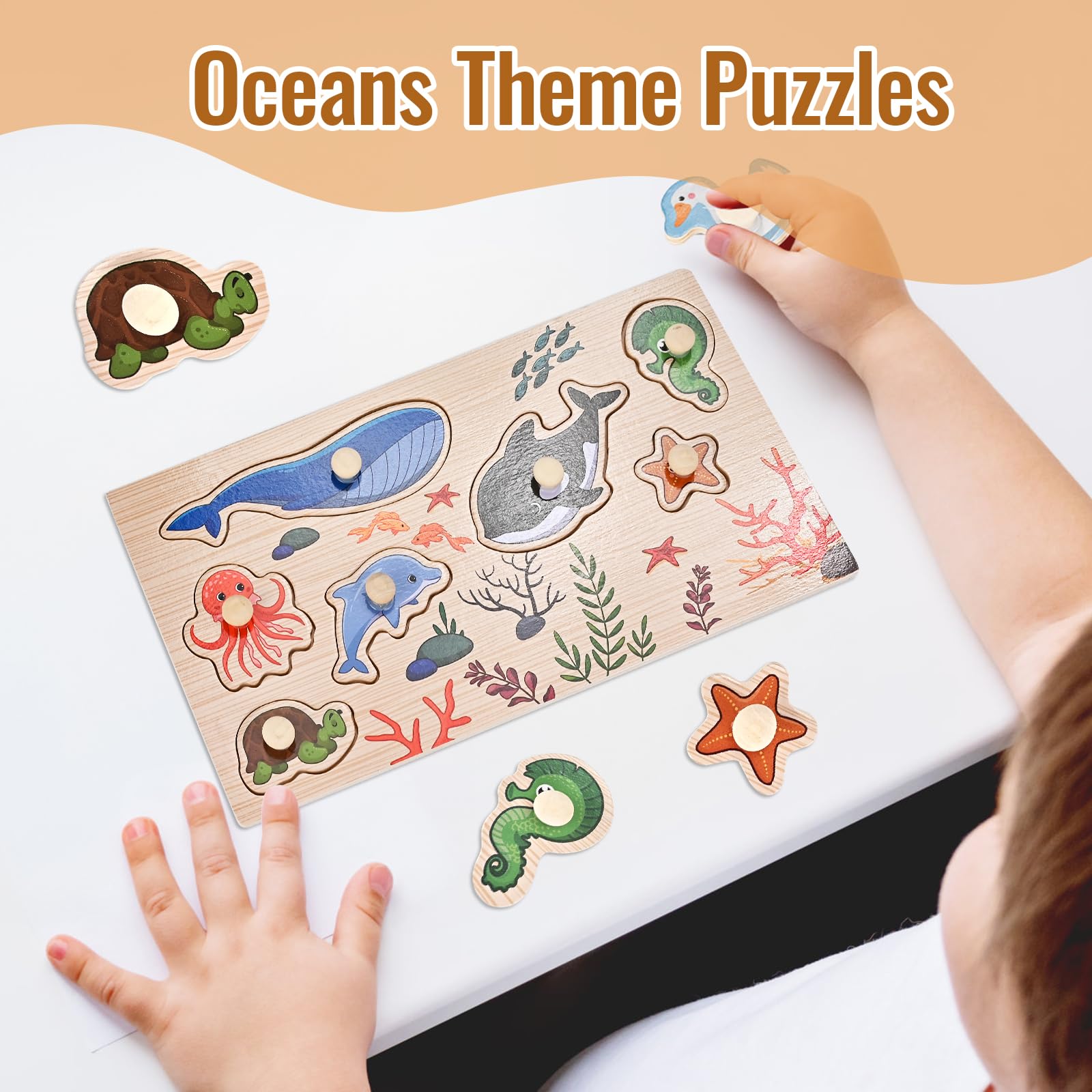 Wooderma Wooden Peg Puzzles for Toddlers 1-3, 2 Pcs Montessori Educational Learning Puzzle Toy Sets - Animal & Sea Themes Puzzles, Great Preschool Gifts for Girls and Boys (6.29 * 11.61in)