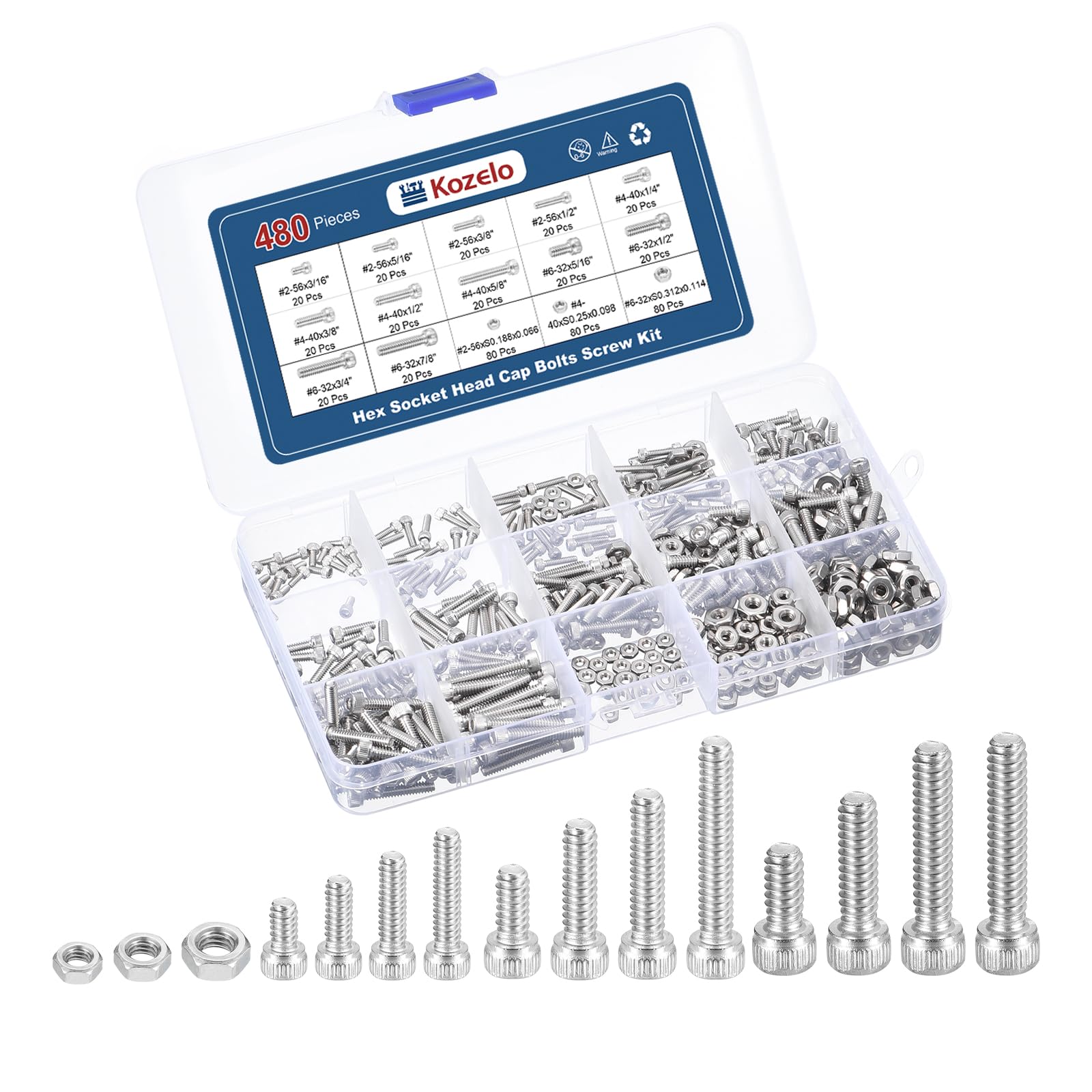 Kozelo 480pcs #2-56,#4-40,#6-32 Socket Head Cap Screws Bolts Nuts Assortment Kit - [3/16" to 7/8"] 304 Stainless Steel Allen Socket Drive for 3D Printer