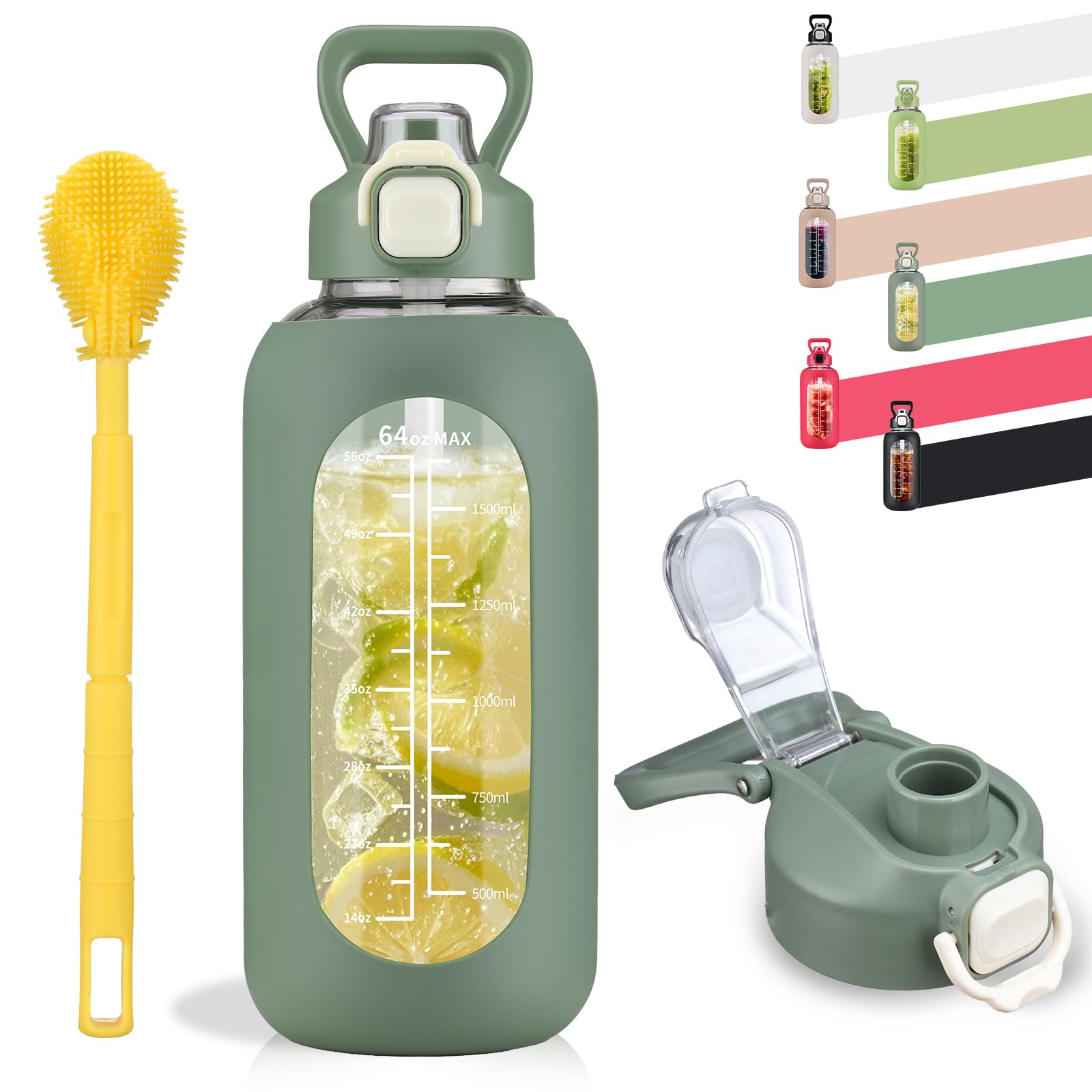 Photo 1 of SIEROZUR 64 oz Glass Water Bottle with Straw and Handle, Half Gallon Sports Large Water Bottle with Time Marker and Silicone Sleeve, Leakproof Glass Drinking Bottle for Gym, Travel, Workout, Olive