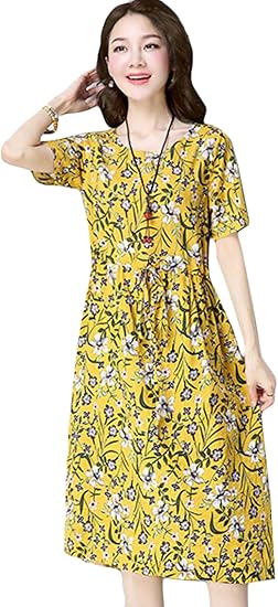 Amazon Alppv レディース ワンピース 夏 麻綿 ワンピース 花柄 ワンピース ゆったり カジュアル スカート ウエストゴム ラウンドネック セット頭 通勤 通学 パーティー デート ワンピース チュニック 通販
