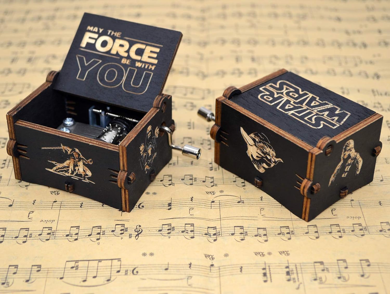 Micteney Star Wars Wooden Music Box,Star Wars Themed Gifts for Men,Clockwork Driven 3D Laser Engraved,18 Note Mechanism Star Wars Music Box - Image 5