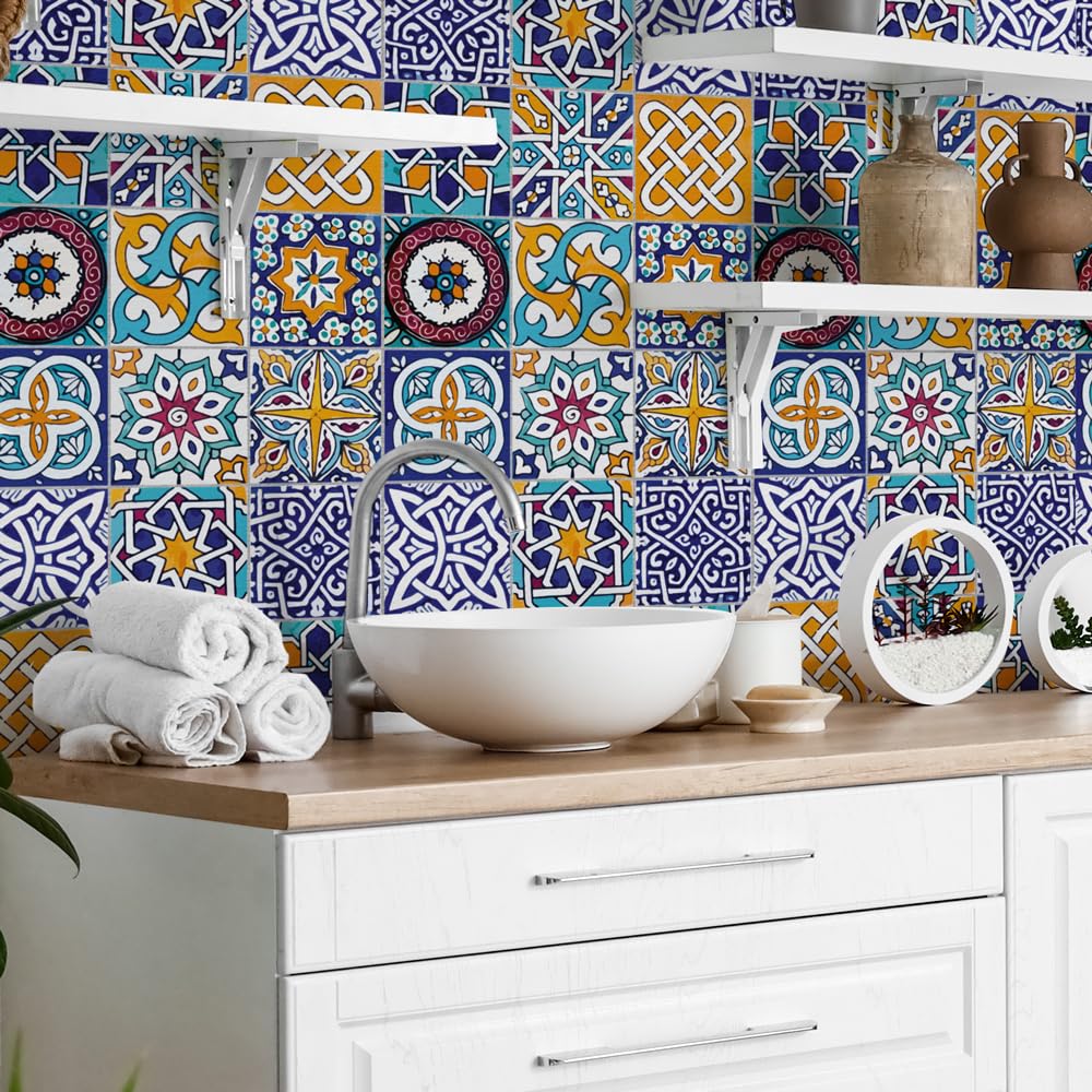 RE-COVERTILES - Tile Stickers for Bathroom and Kitchen 24 Pcs 10x10 cm - PS00033 Wall Decoration in Waterproof PVC Mosaic Tiles Style Azulejos Cement Tiles