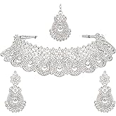 Efulgenz Crystal Indian Jewelry Set Rhinestone Crystal Choker Necklace Earrings Maang Tikka Set Wedding Bollywood Bridal Jewelry Set for Women