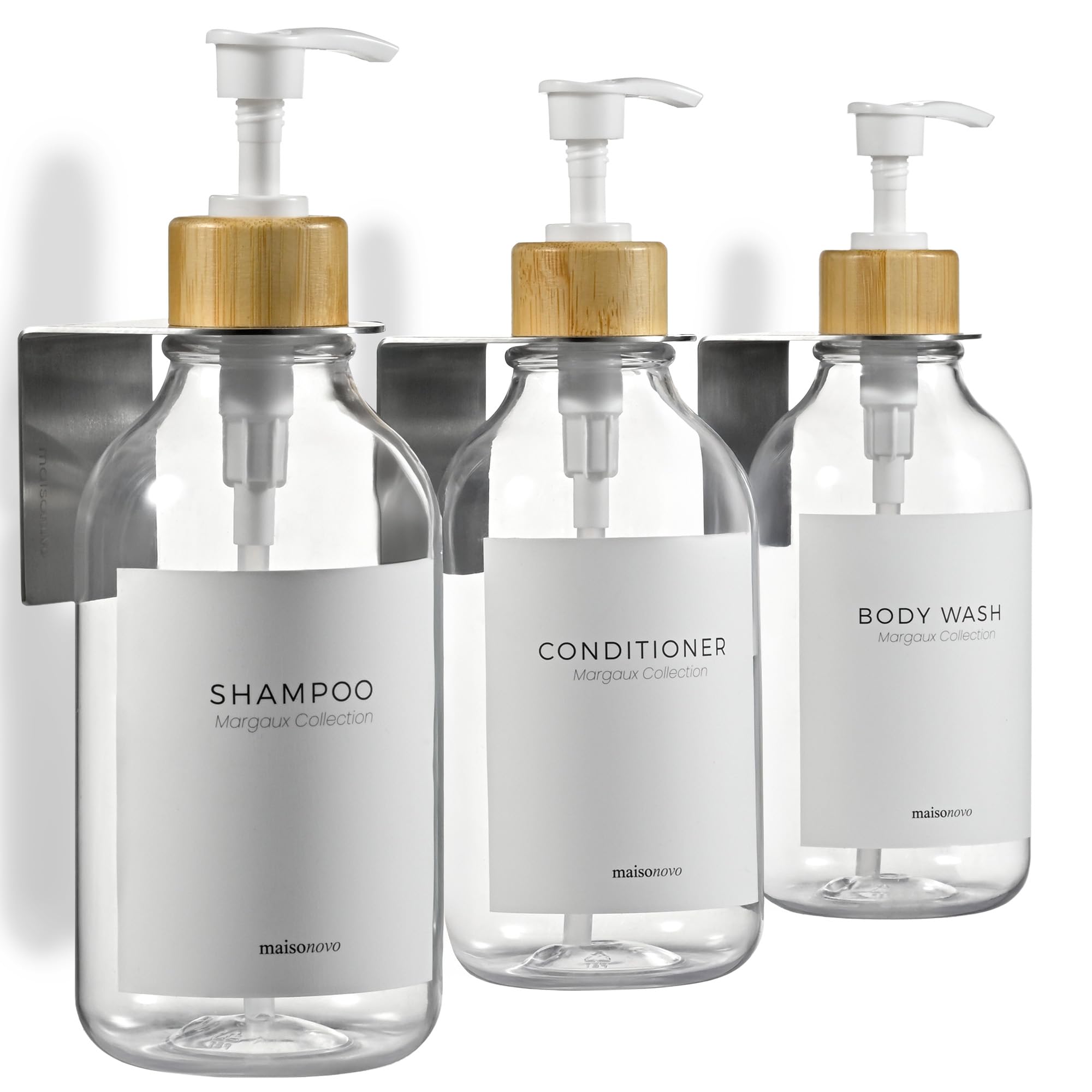 MaisoNovo Shampoo and Conditioner Dispenser Set of 3-500 ml Clear Shower Gel Dispenser Wall Mounted with White Bamboo Pumps - Drill Free Secure Mounting