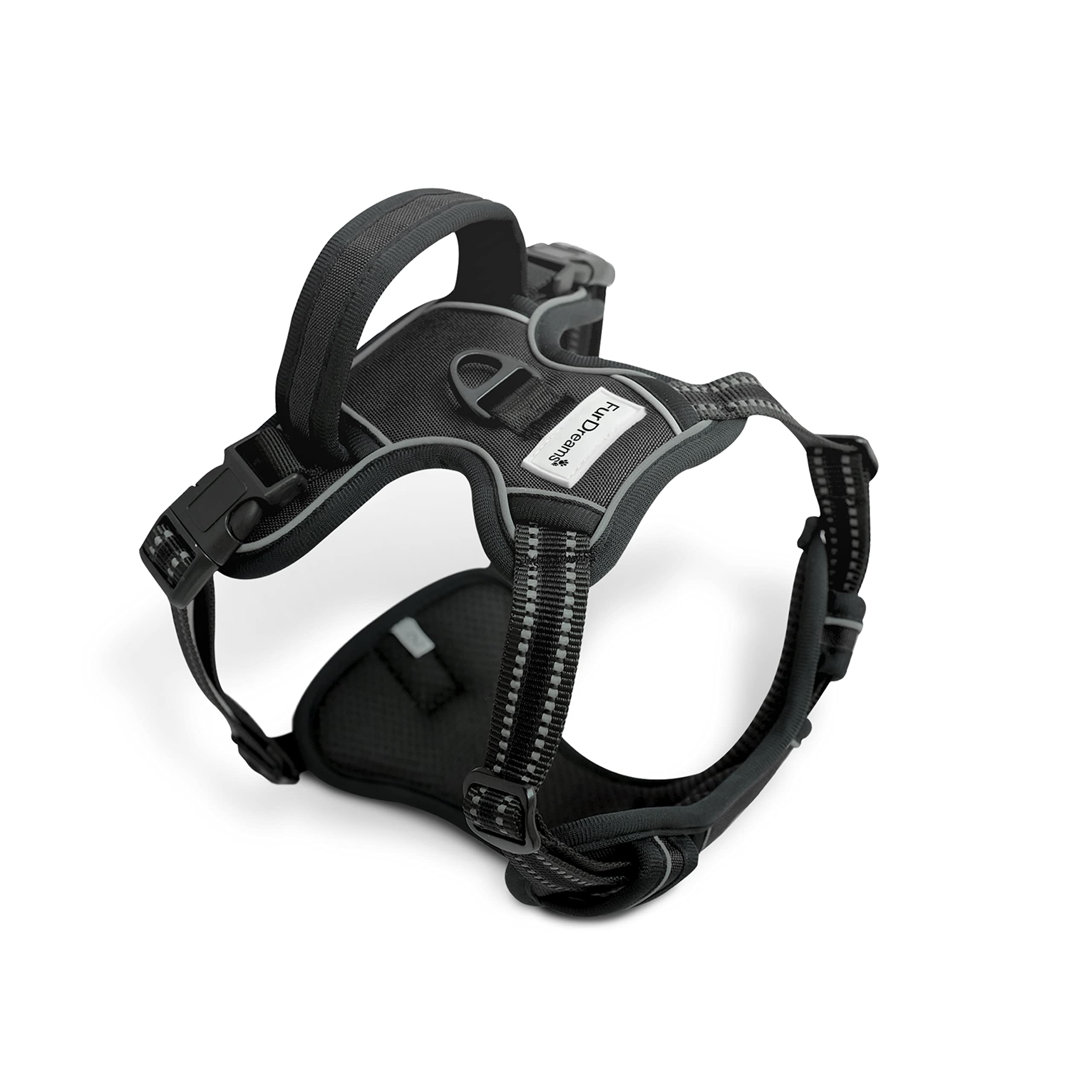 FurDreams Dog Harness – Secure Padded Vest Harness, Comfortable Material with Reflective Strips, Non-Restrictive, No Choke Fit with 4 Adjustable Straps, No Pull, Clip On Easy (Extra Large, Black)