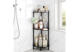 ELYKEN Corner Shower Caddy Standing, 3 Tier Rustproof Metal Shower Organizer with Soap Holder, Floor Shower Corner Shelf Rack Storage Stands with Adjustable Feet & 2 Hooks for Bathroom, Black