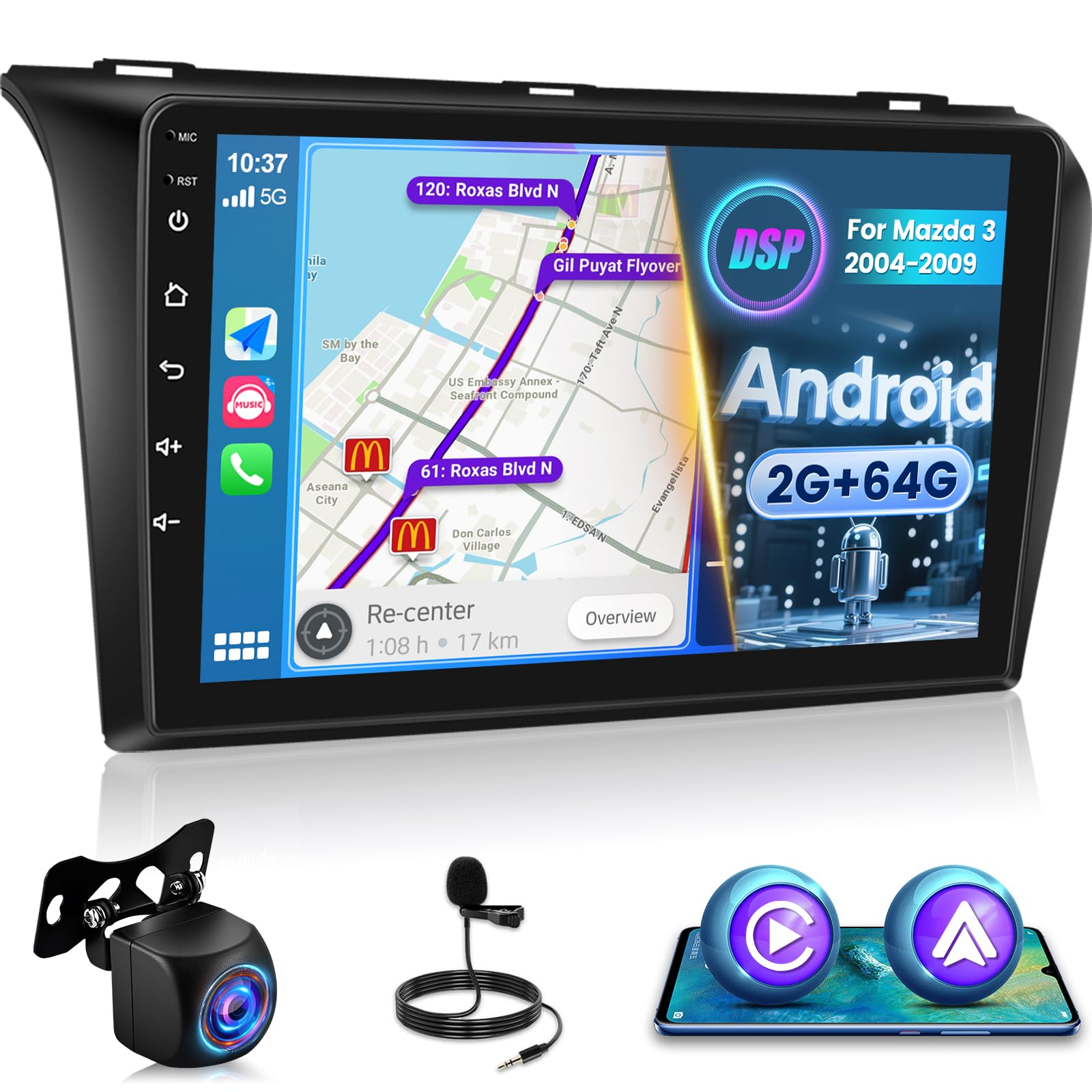 Photo 1 of [2+64G] Android 15 Radio for Mazda 3/Mazda3 2004-2009: NHOPEEW 9 inch Touchscreen Car Stereo - Wireless Carplay and Andorid Auto, DSP Sound, 5G/WiFi, GPS, Mirror Link, SWC + Rearview Camera