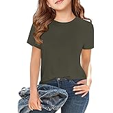 ZDC Girls' Short Sleeve Shirts Kids Crewneck T-Shirts Summer Tops Basic Tees 5-14 Years
