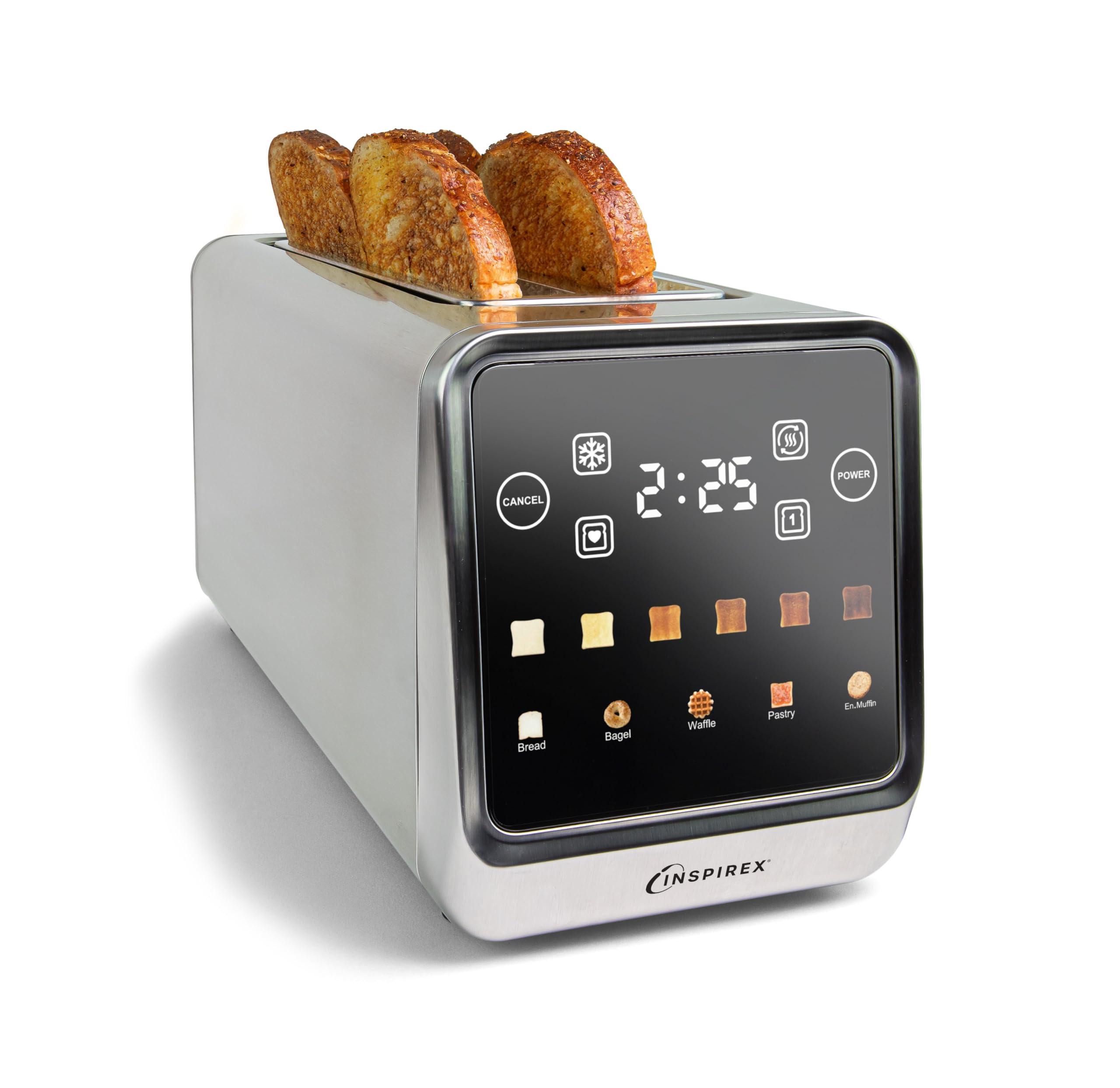 Inspirex Touch Screen Toaster - 4 Slice Long Extra-Wide Slots - 5 Bread Type and 6 Browning Levels - Defrost, Reheat, Favorite, Single Slot Settings - Stainless Steel Image