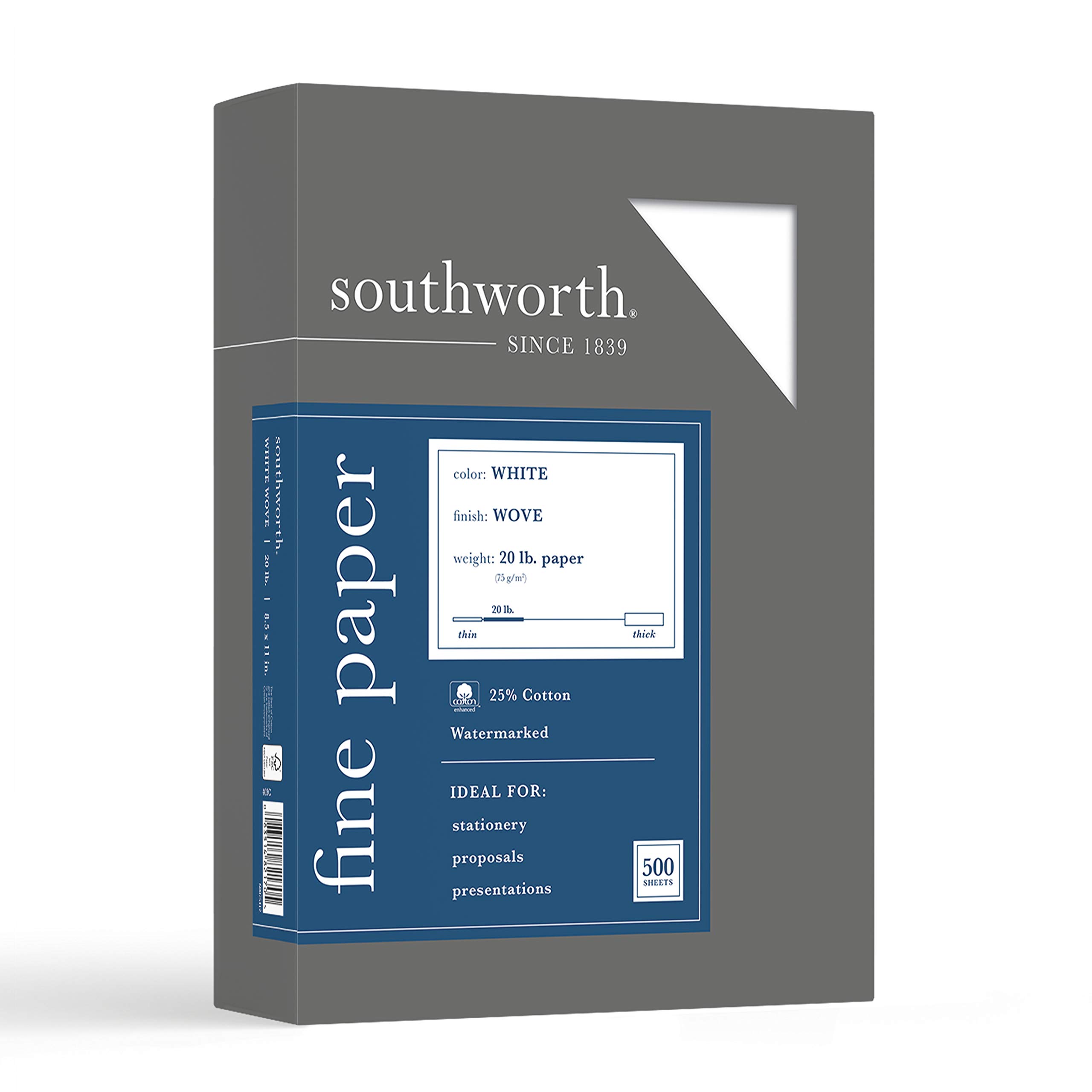 Southworth 25% Cotton Business Paper, 8.5" x 11", 20 lb, Wove Finish, White, 500 Sheets (403C)