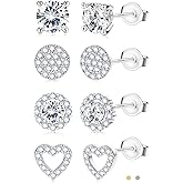 SAILIMUE Hypoallergenic Sterling Silver Stud Earrings for Women Men Brilliant Heart Knot Round Cubic Zirconia Earring Studs for Sensitive Ears Gold Silver Tone