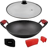 Crucible Cookware 14-Inch Cast Iron Wok Set (Pre-Seasoned), Glass Lid & Silicone Hot Handle Holders
