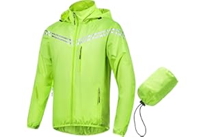 CREATMO US Men's Packable Waterproof Running Rain Coats Reflective Cycling Jacket Windbreaker With Removable Hood