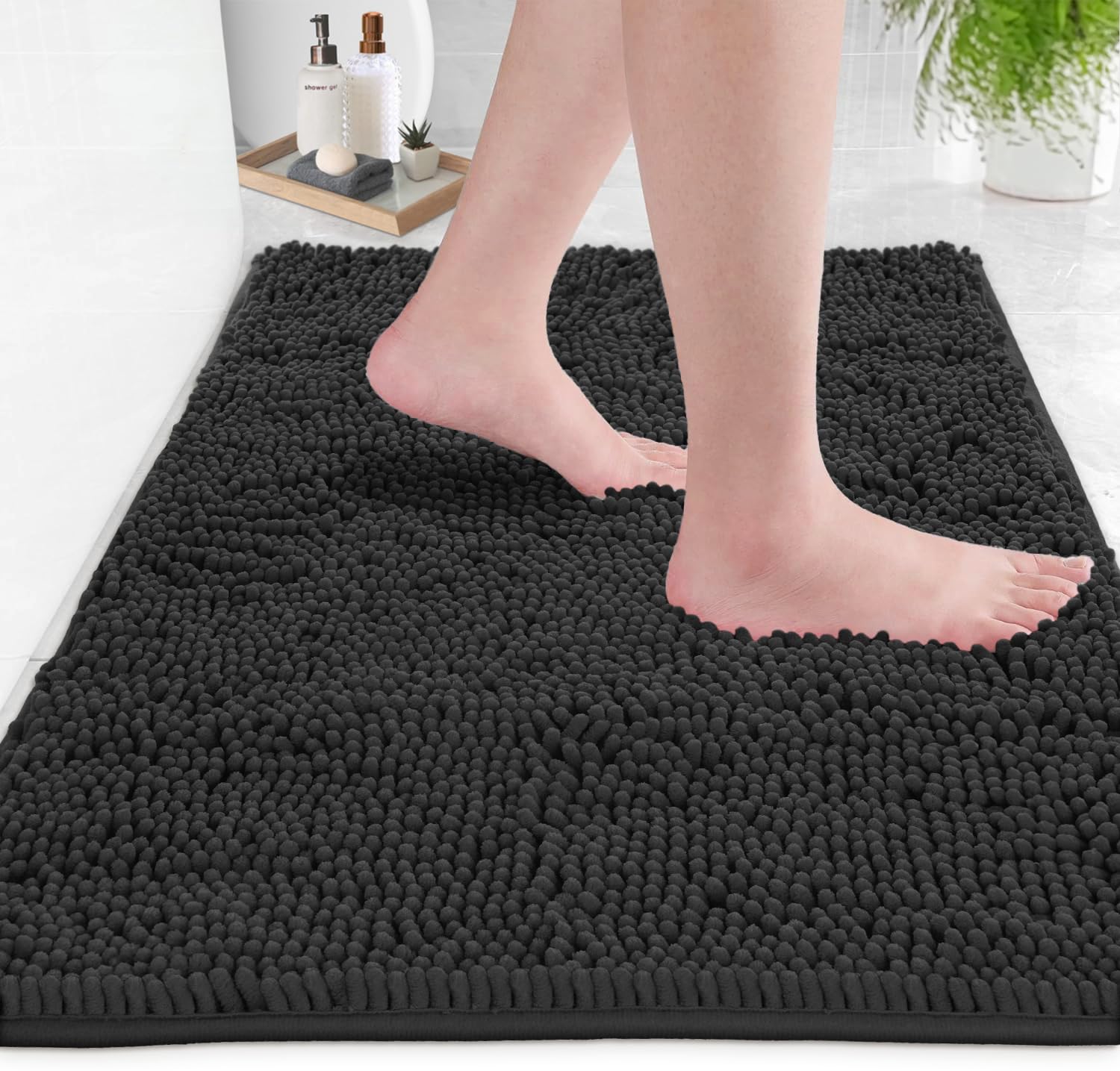 LuxUrux Bath Mat-Extra-Soft Plush Bath Shower Bathroom Rug, 1'' Chenille Microfiber Material, Super Absorbent Shaggy Bath Rug (Black, 50 x 80 cm)