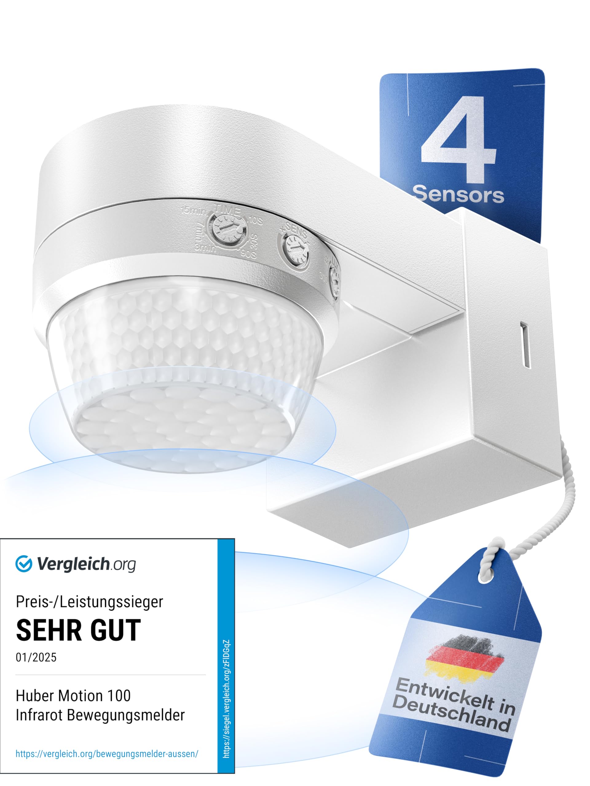 HUBER Motion 100 Infrared Motion Sensor 360ยฐ with 4 Sensors and Fresnel Lens - IP65 Motion Sensor LED Suitable I Includes Anti-Creep Protection & Area Limiting, Wall/Ceiling Mounting, White
