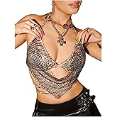 MakeMeChic Women's Glitter Sequin Fishnet Halter Tops Y2K Criss Cross Tie Back Crop Party Club Festival Rave Top