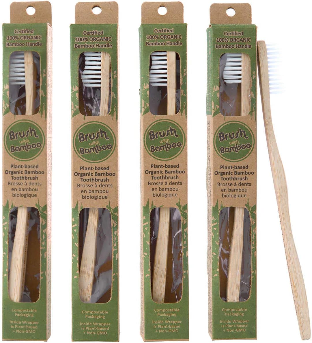 Brush with Bamboo Toothbrush with Plant-Based Bristles, Organic Bamboo, BPA-Free, Eco-Friendly, 100% Biobased, Soft Bristles, Zero Waste, Dental Care Product - 4 Pack