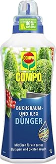 Compo Buchsbaum- und Ilexdünger für alle Buchsbäume auf Balkon, Terrasse und im Garten, Spezial-Flüssigdünger mit extra Eisen, 1 Liter