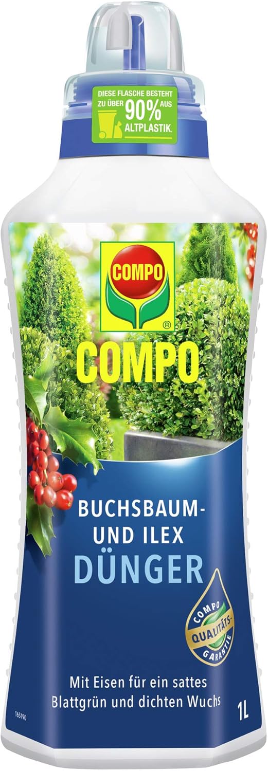 Compo Buchsbaum- und Ilexdünger für alle Buchsbäume auf Balkon, Terrasse und im Garten, Spezial-Flüssigdünger mit extra Eisen, 1 Liter