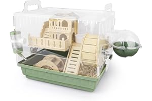 Cycodo 8 in 1 Acrylic Hamster Cage,2-Tier Dwarf Hamster Cage with Wooden Wheel & Hideout,Small Hamster Habitat with Accessories,Clear Pet Mice House(Green,14" L*10" W*11" H)