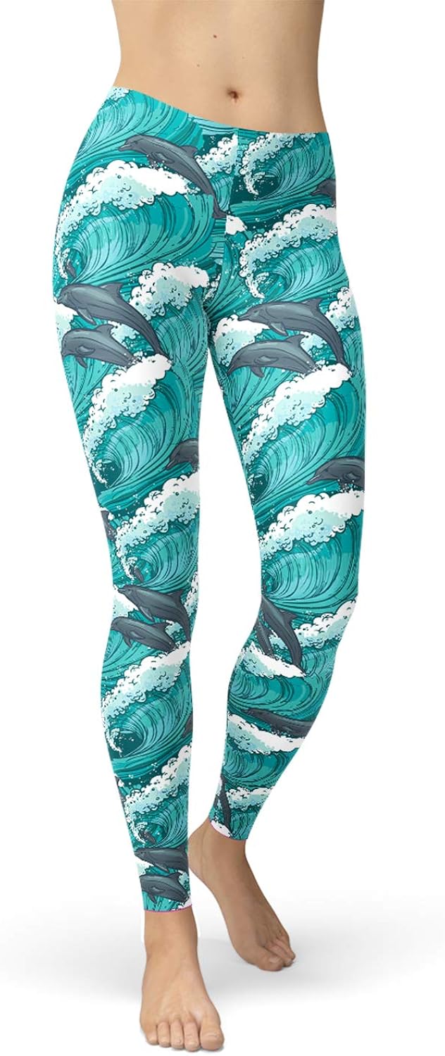 Dolphin Leggings Playful Bottlenose Dolphins in Waves Print Mid Waist
