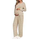 Yousify Womens Maternity Pajamas Sets 2 Piece Outfits Ribbed V Neck Long Sleeve Knit Tops Pants Pregnancy Loungewear