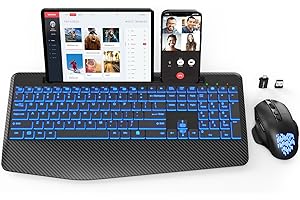 SABLUTE Wireless Keyboard and Mouse Combo, Rechargeable RGB Backlit Ergonomic Keyboard with Wrist Rest and Phone Holder, 2.4G