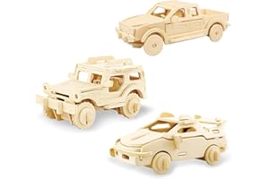 Georgie Porgy 3D Wooden Puzzles for Kids Toys Construction Woodcraft Kits DIY Model Puzzle Kits Birthday Gifts Pack of 3 (Sports Cars Off-Road Vehicle Pickup)