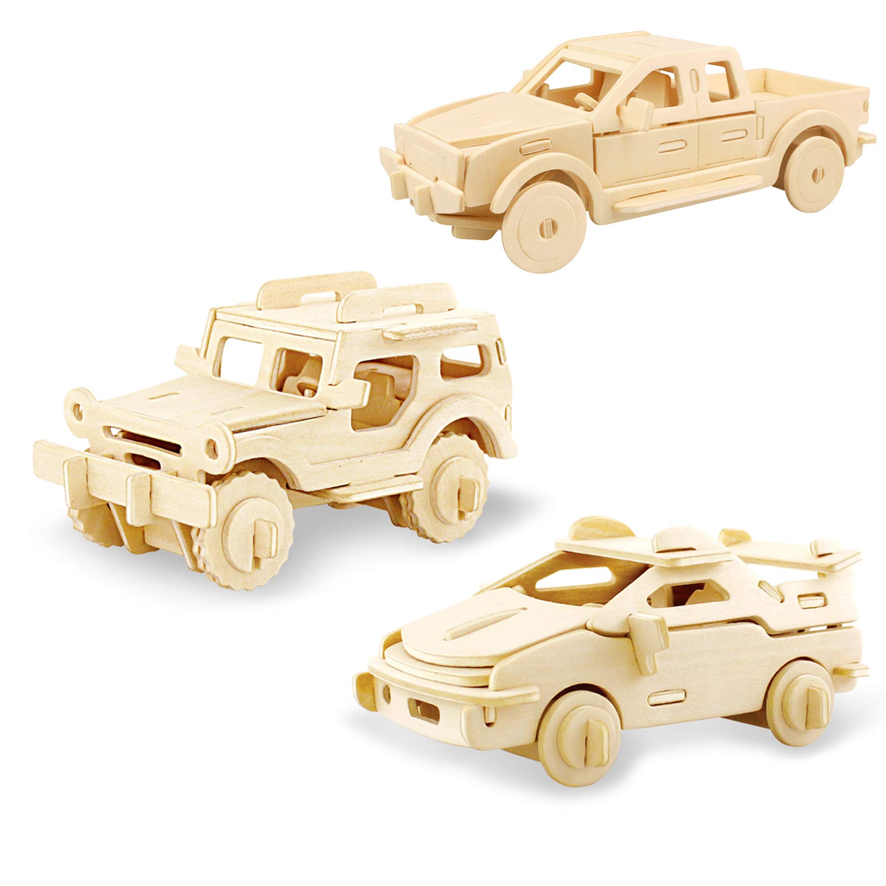Georgie Porgy Kids Toys Construction Woodcraft Kits Wooden Model Puzzle Kits Age 8 Pack of 3 Jigsaw (Off-road Vehicle Cars Pickup Truck)