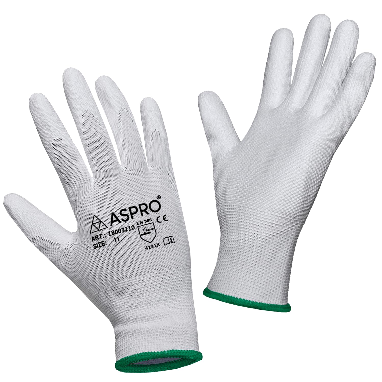 ASPRO 10 Pairs - Size L(9) - White Nylon PU coated work gloves for builders, gardeners, etc 10 pairs, LARGE(size 9)