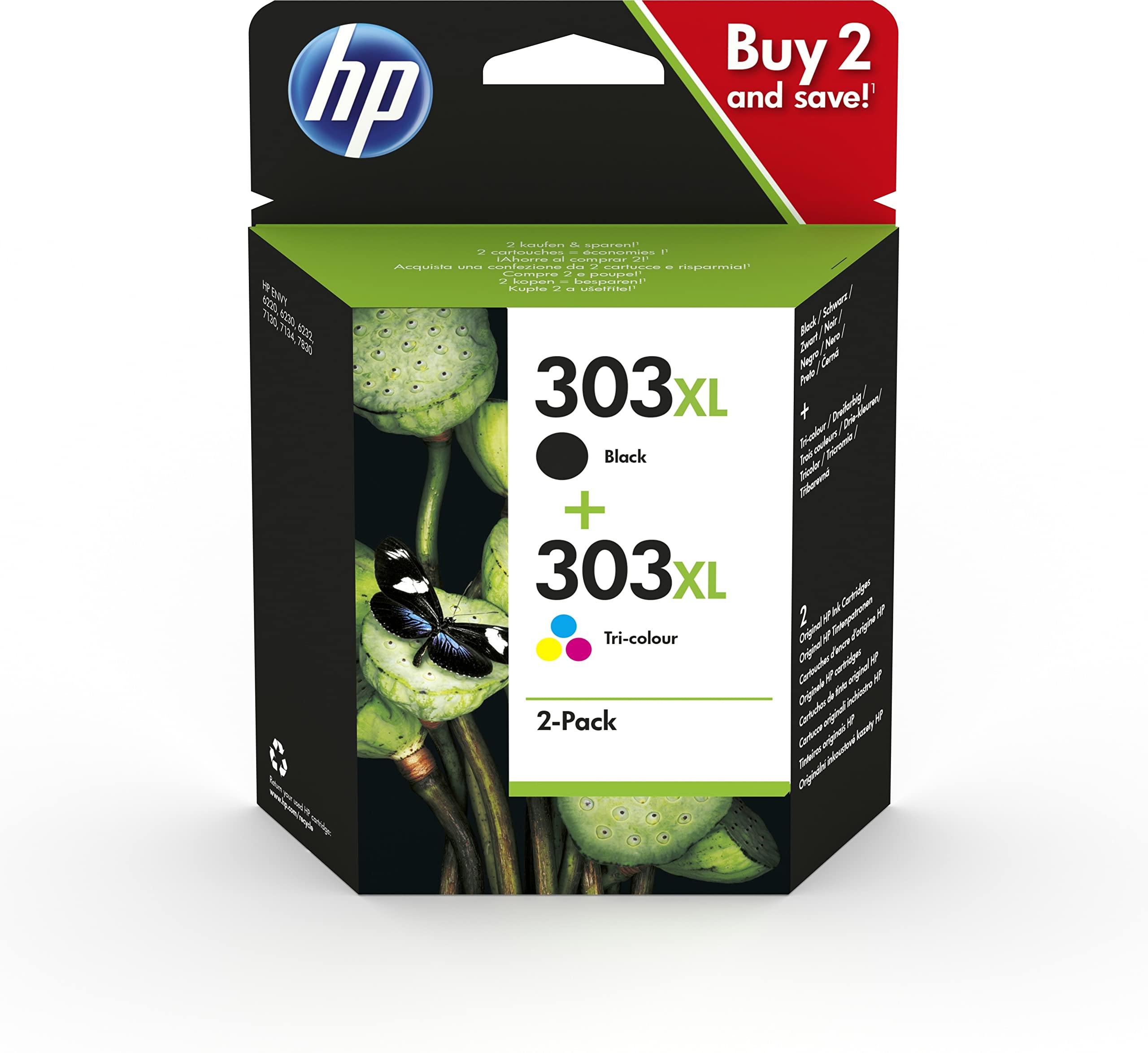 HP 303XL 2-pack Black/Tri-colour Original Ink Cartridges Combo pack Page Yield B 600/Tri 415 (P/N 3YN10AE)