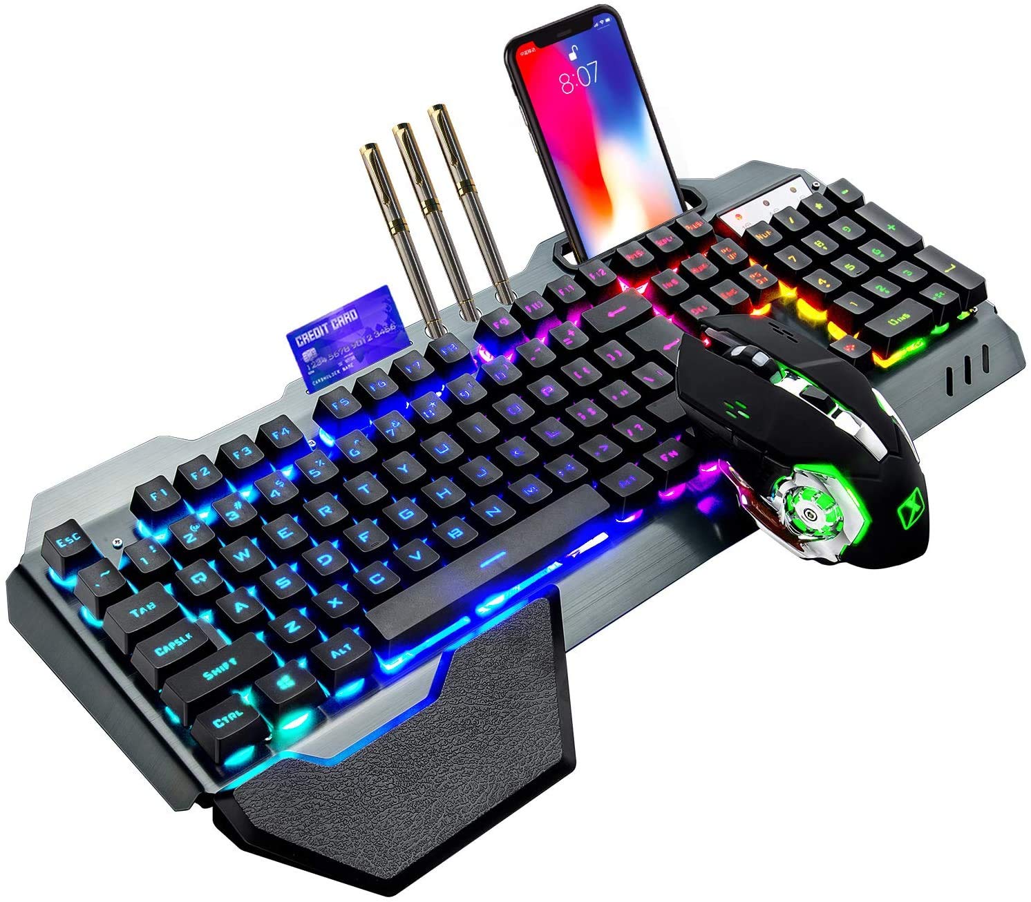 2.4 GHz Wireless Rechargeable Keyboard Mouse Combo Set 4800mAh Long Battery 16 Color modes RGB LED Backlit Mechanical Feel Gamer Keyboard 2400DPI LED Breathing Optical Mouse Mice for Laptop Pc Mac
