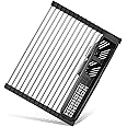 CLNGAI Roll Up Dish Drying Rack,Expandable Over The Sink Dish Drainer,Stainless Steel Kitchen Rolling Sink Rack with Utensil Holder,Length Up to 22.3" (Black)