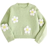 SHENHE Girl's Cute Sweater 3D Floral Crewneck Long Sleeve Fall Knitted Crop Sweater Jumper