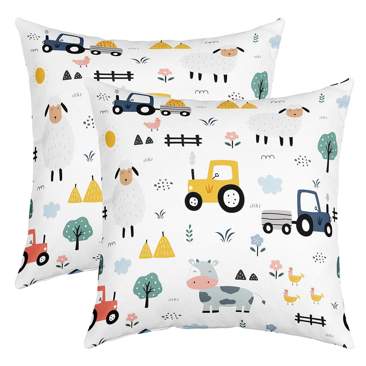 Homemissing 16x16 Inch Farm Animal Cartoon Tractor Square Cushion Covers Set Of 2 Reversible Throw Pillow Covers For Kids Decor