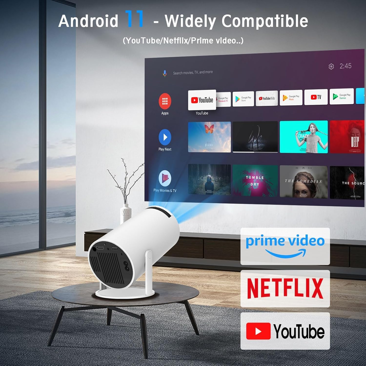 Mini Projector, Support 4K 1080P Portable Projector with Dual Band WIFI6 5G Wireless 5.2 Bluetooth Android 11, 160 ANSI Lumens, 180° Rotatable, Auto Keystone Correction,35