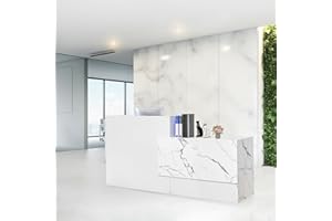 LayBurst Reception Desk,Modern Checkout Counter with Lockable Drawer,Keyboard Tray and Shelves,White Receptionist Desk for Corporate and Hotel Lobbies（23.6”D x 86.6”W x 43.3”H）